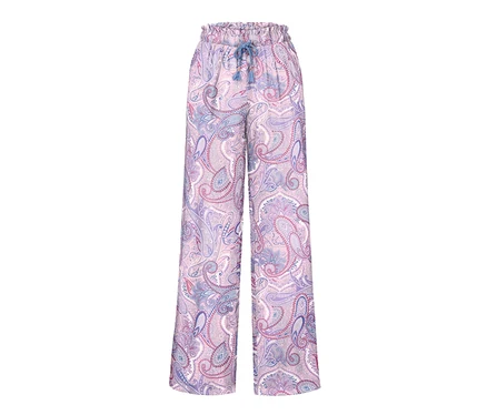 Lila paisley desenli dokuma rahat pantolon.
