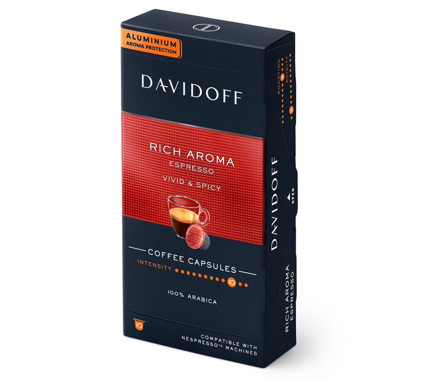 10 kapsül DAVIDOFF CAFÉ Rich Aroma kahve paketi.