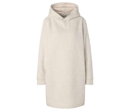 Krem rengi, tüylü kapüşonlu sweatshirt elbise.