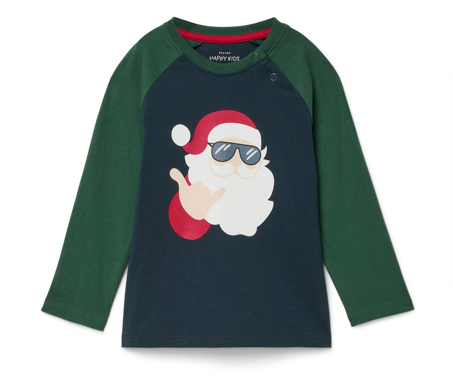 Güneş gözlüklü havalı bir Noel Baba'nın resminin olduğu yeşil-mavi uzun kollu tişört.