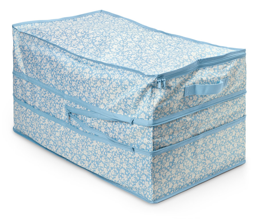Mavi ve beyaz çiçek desenli, fermuarlı jumbo saklama çantası.