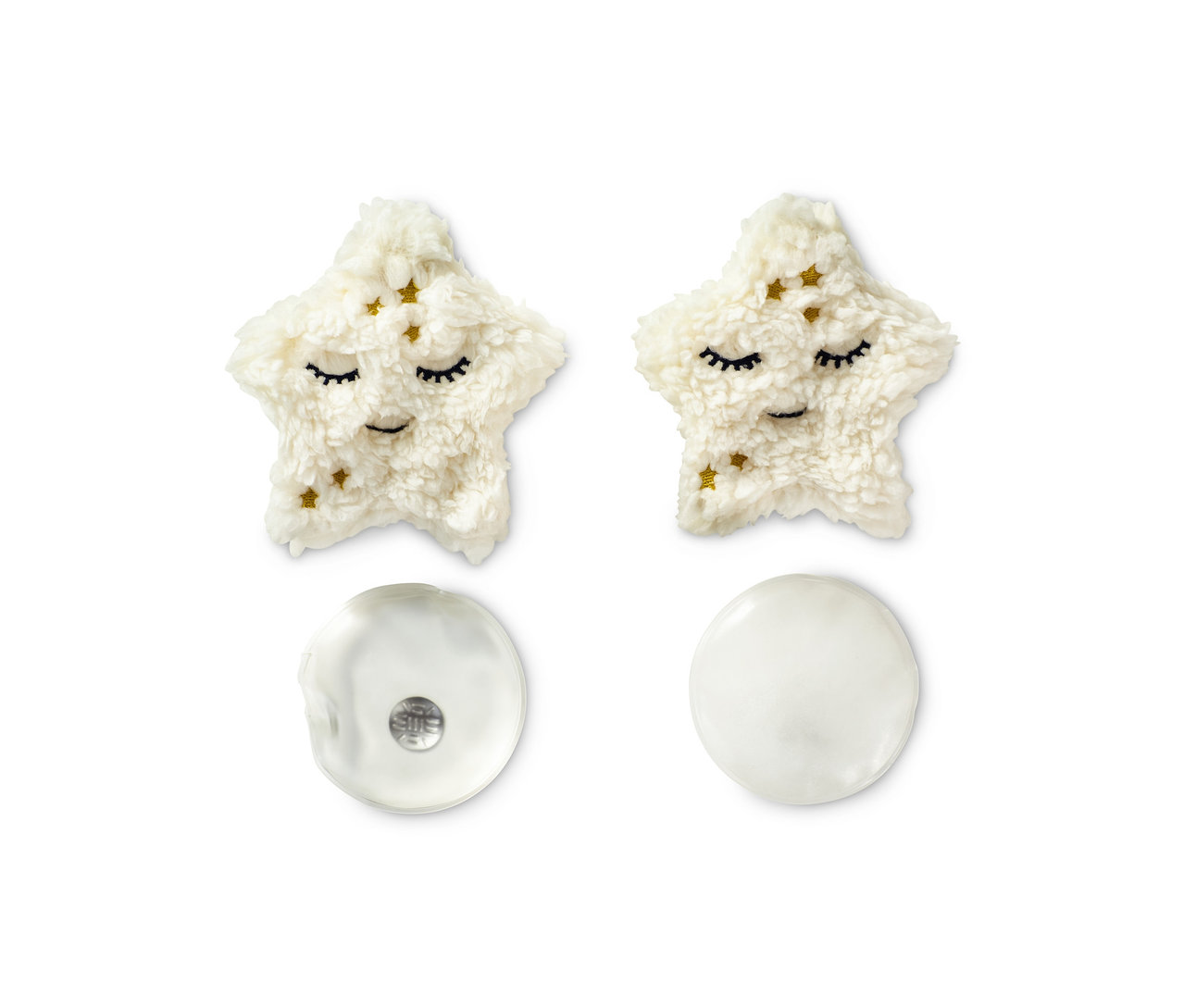 Yüz şeklinde iki adet yıldız şeklinde ısıtıcı cep yastığı ve iki adet ısı aktifleştirici.