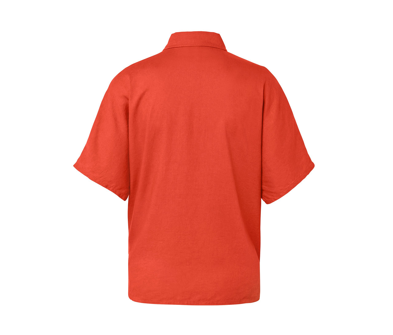 Turuncu keten bluzun arka detay görünümü.