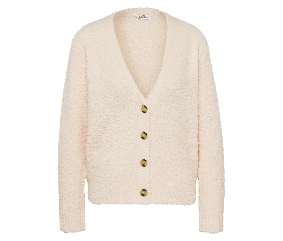 Krem rengi, V yakalı, kahverengi düğmeli triko hırka.