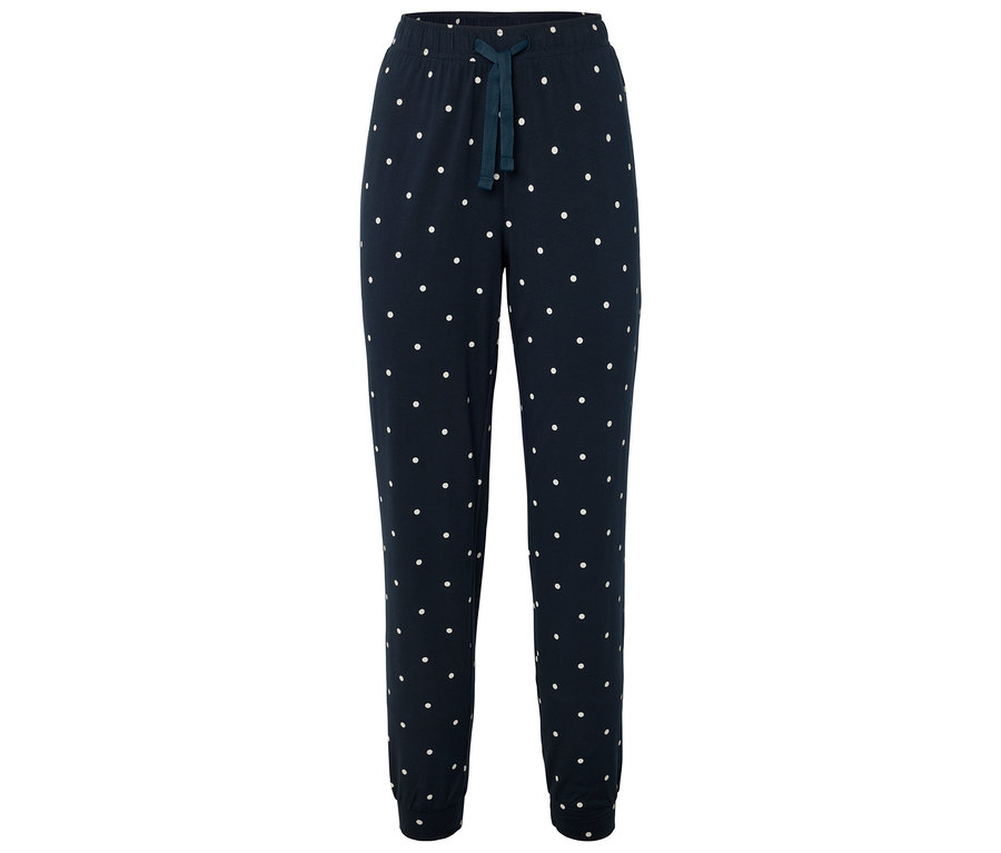 Lacivert, beyaz puantiyeli, bağcıklı eşofman altı.