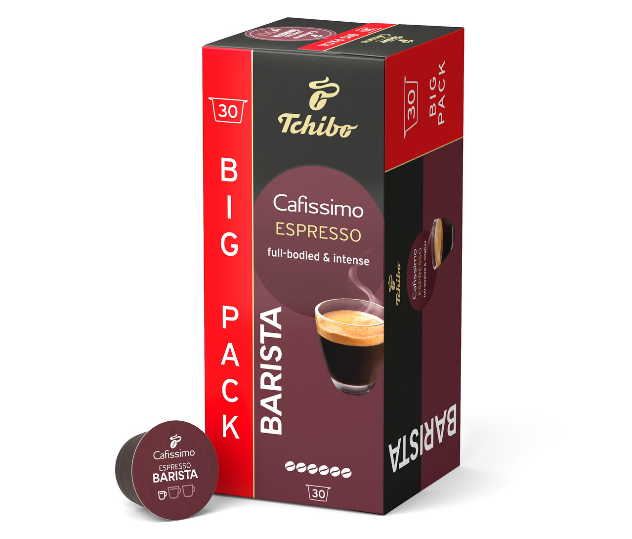 Bir adet Cafissimo BARISTA Espresso - 30 kapsül paketi, tek bir kapsülün yanında duruyor.