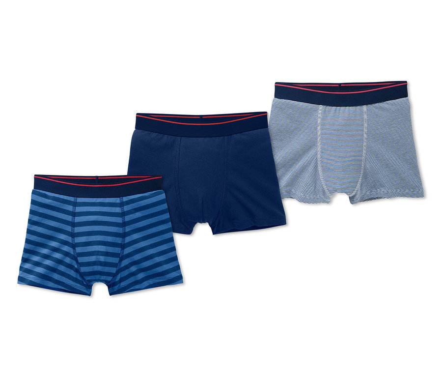 Üç adet organik pamuklu slip boxer: biri düz mavi, biri mavi çizgili ve biri beyaz üzerine mavi çizgili.