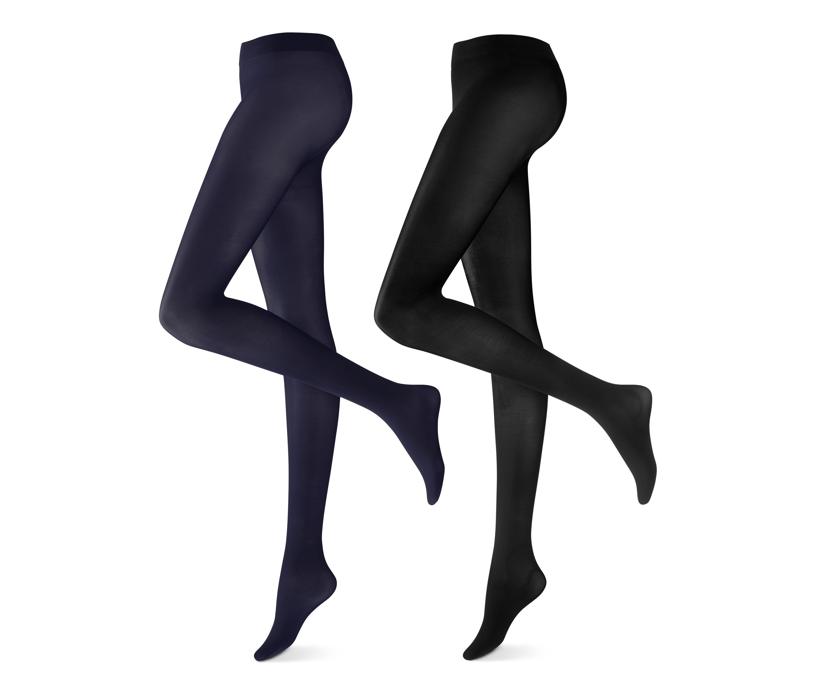 Siyah ve lacivert külotlu çorap giyen iki bacak.