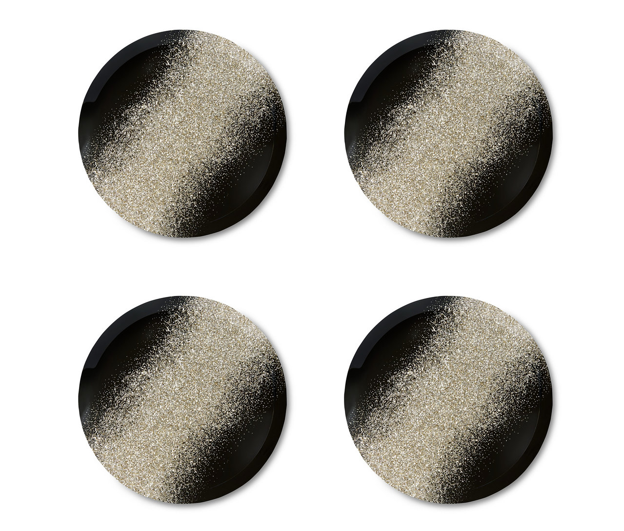 Simli tasarımlı dört adet dekoratif cam bardak altlığı.