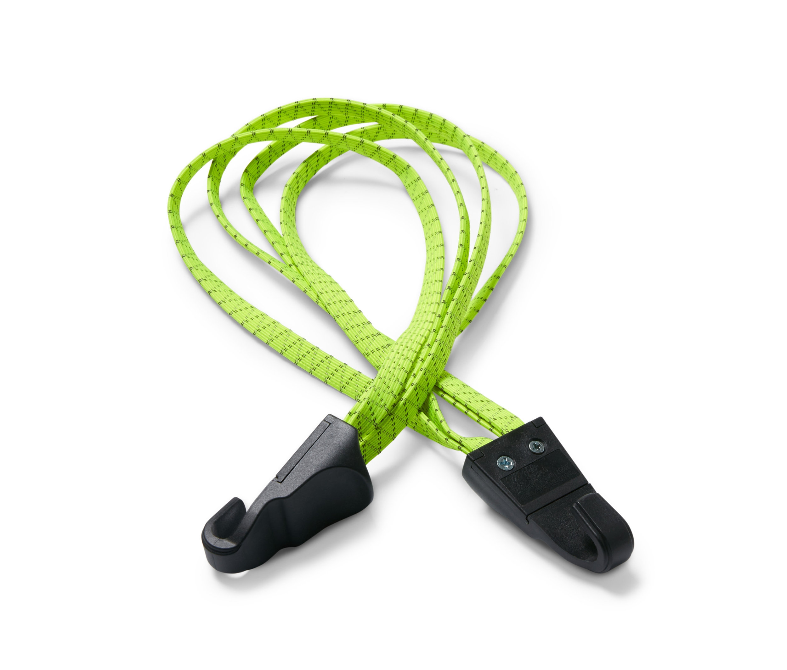 Uçlarında siyah kancalar bulunan yeşil bir bisiklet sabitleme kayışı.