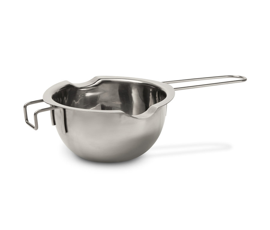 Sapı ve tutacakları olan paslanmaz çelik benmari kasesi.