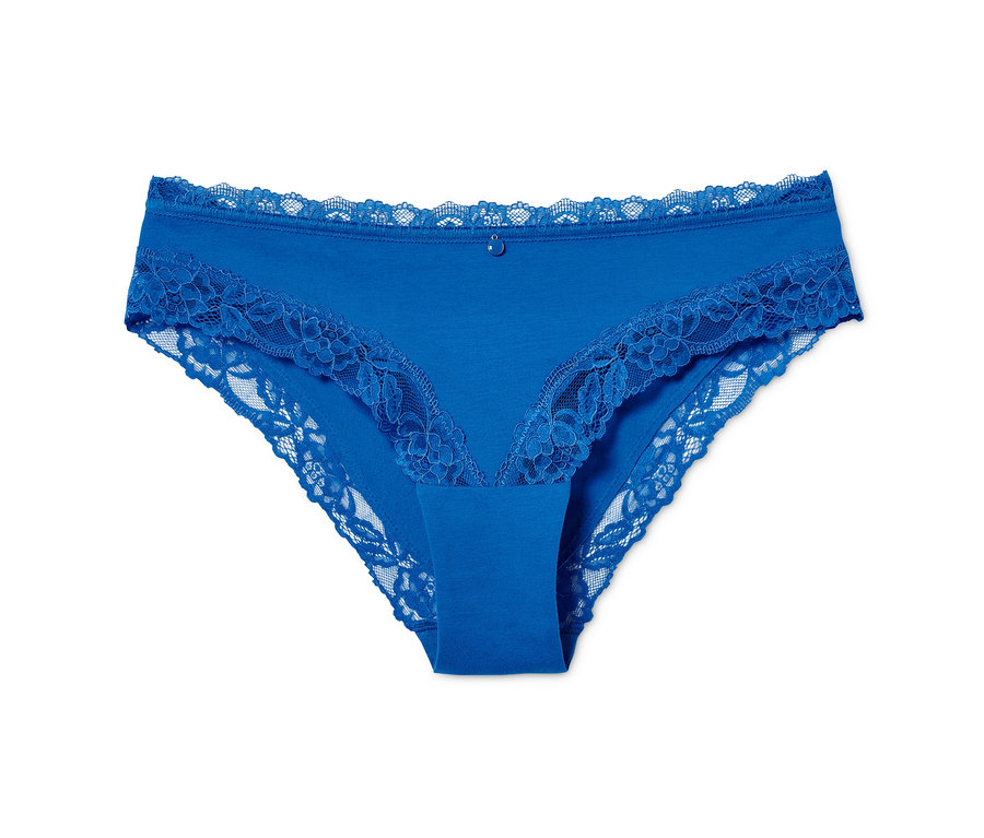 Tek bir adet, dantelli, mavi Brazilian slip külot.