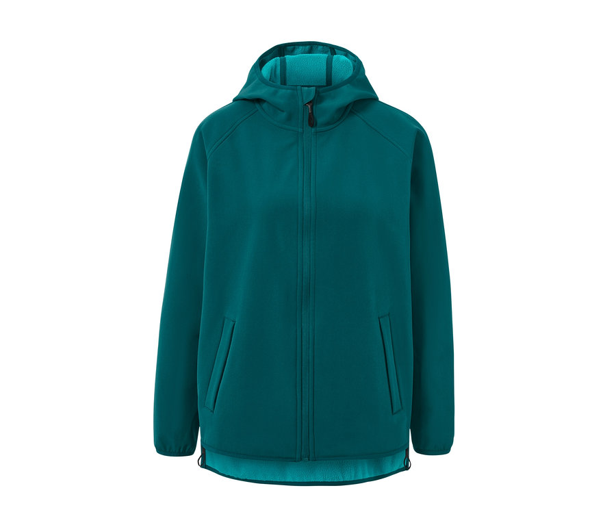 Ortasında kapüşon ve fermuar bulunan yeşil softshell mont.