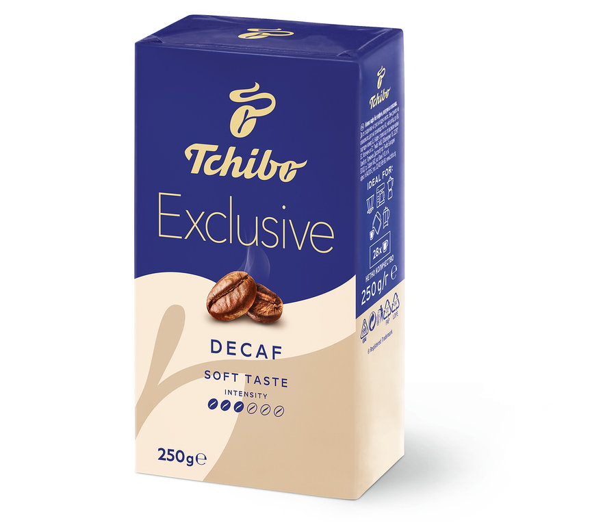 Tchibo Exclusive Decaf 250g öğütülmüş kahve paketi. Paket, Tchibo logosu ve iki kahve çekirdeği ile birlikte koyu mavidir.