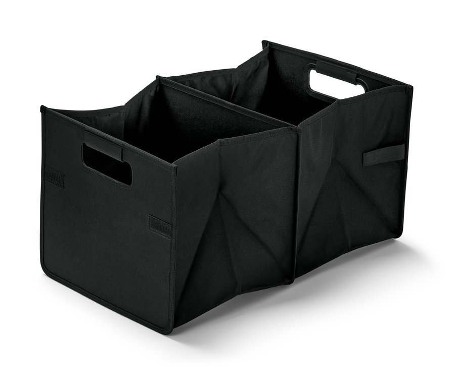 Üç bölmeli ve kulplu siyah katlanabilir bagaj kutusu.