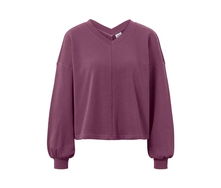 Uzun kollu, mor yoga sweatshirt.