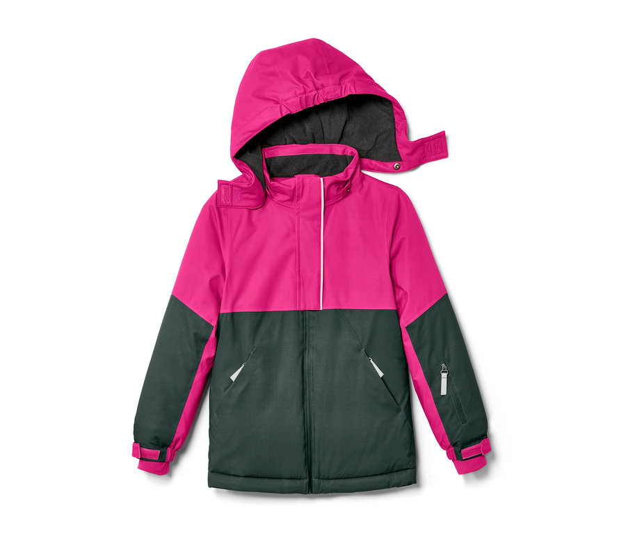 Pembe-gri kapüşonlu çocuk kayak montu.
