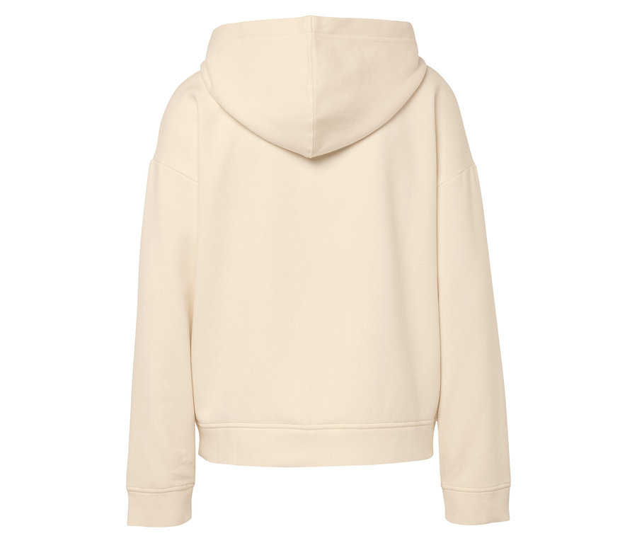 Bej rengi kapüşonlu bir sweatshirt'ün arka görünümü.