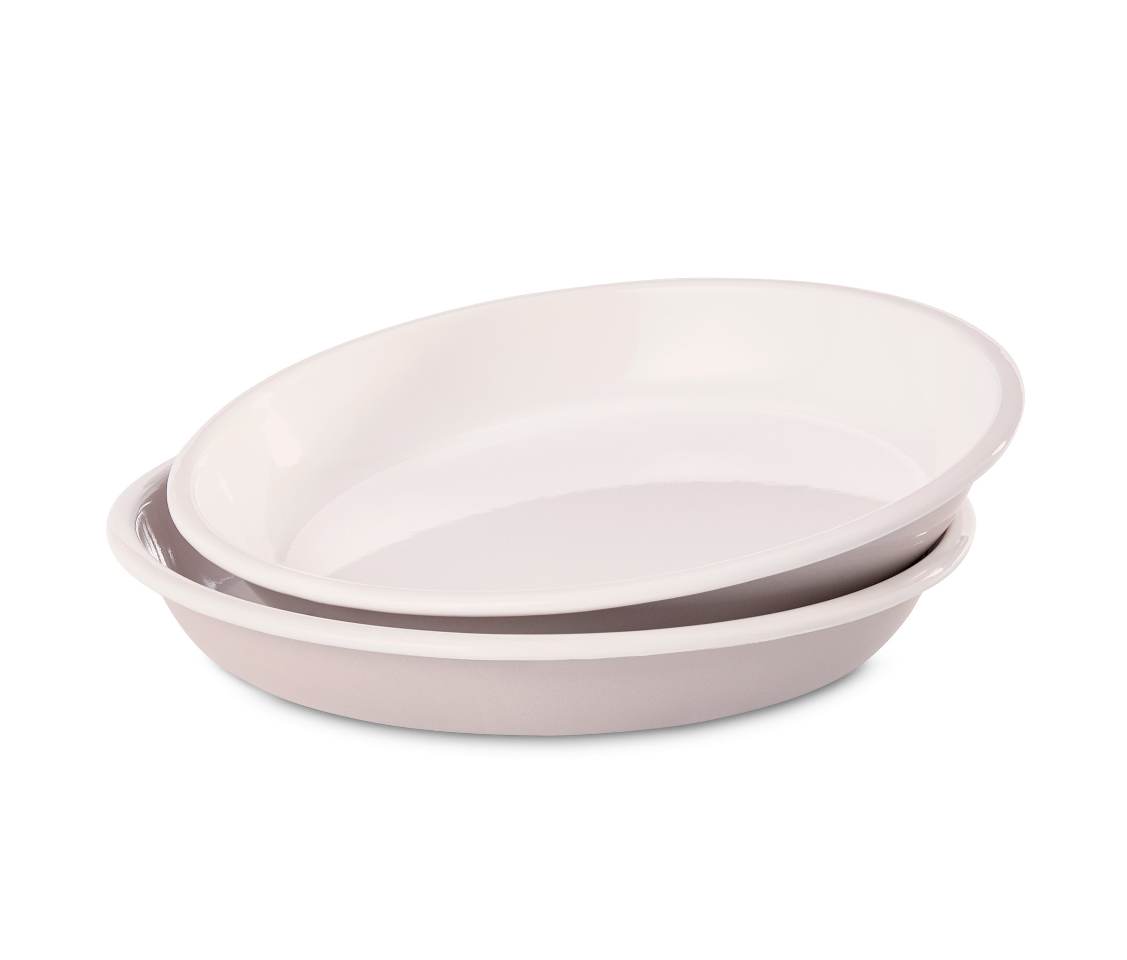 Üst üste duran iki adet emaye tabak.