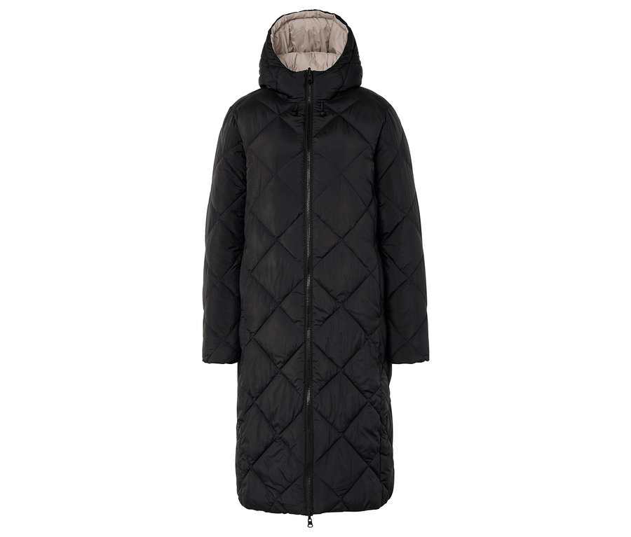 Kapüşonlu, uzun, siyah, kapitone mont.