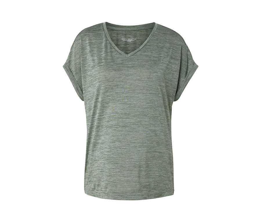 Haki, V yakalı, kısa kollu fonksiyonel tişört.