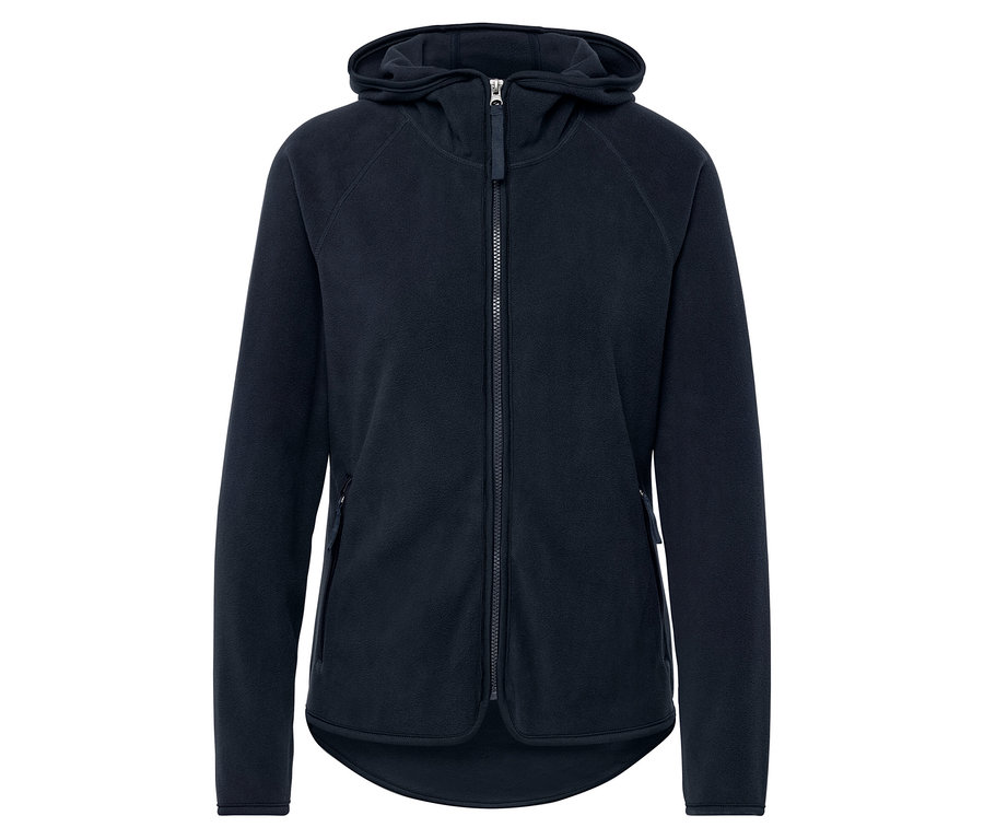 Lacivert kapüşonlu ve fermuarlı polar ceket.