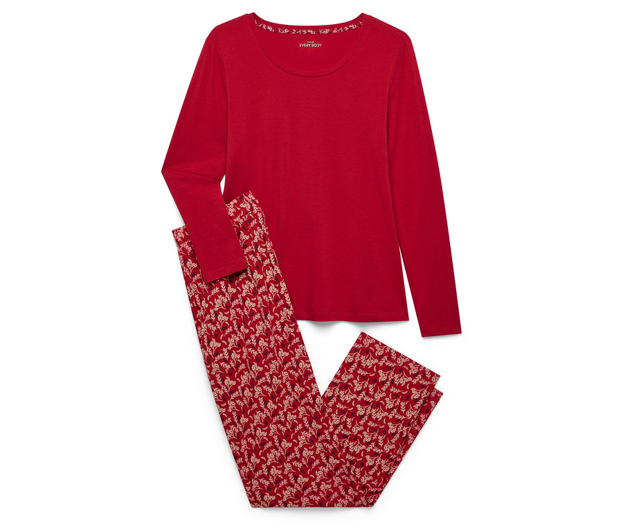 Çiçekli pantolonlu, uzun kollu, kırmızı pijama.