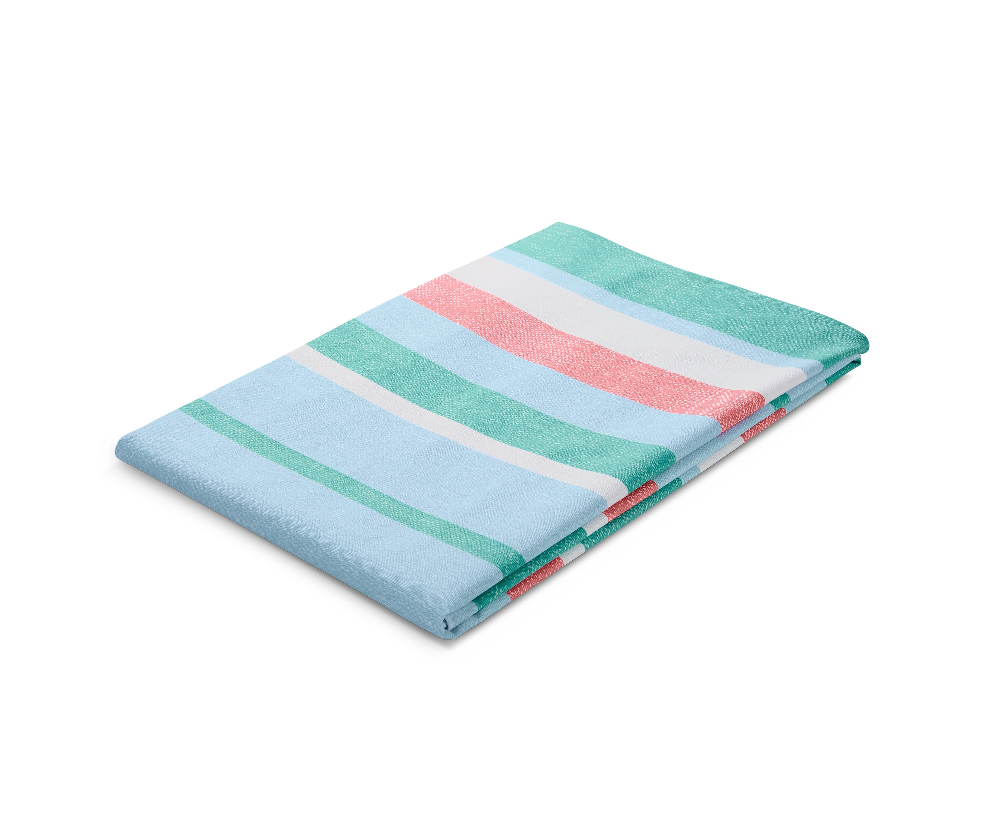 Katlanmış, mavi, yeşil, beyaz ve mercan rengi şeritli bahçe masa örtüsü.