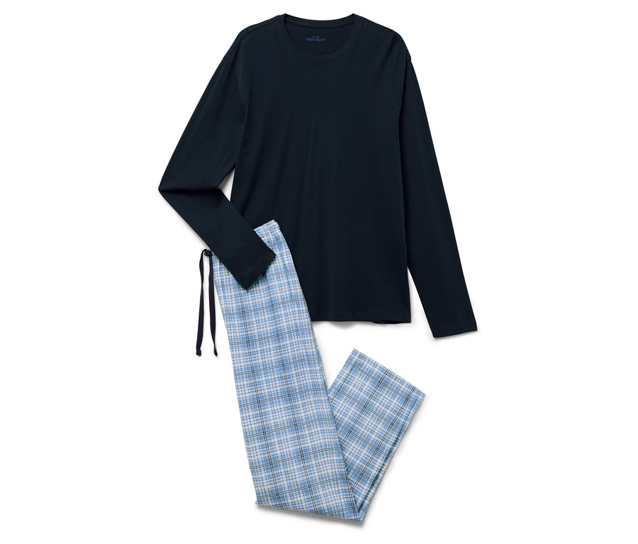 Lacivert uzun kollu bir pijama üstü ve mavi ekose pijama altı beyaz bir zemin üzerinde duruyor.