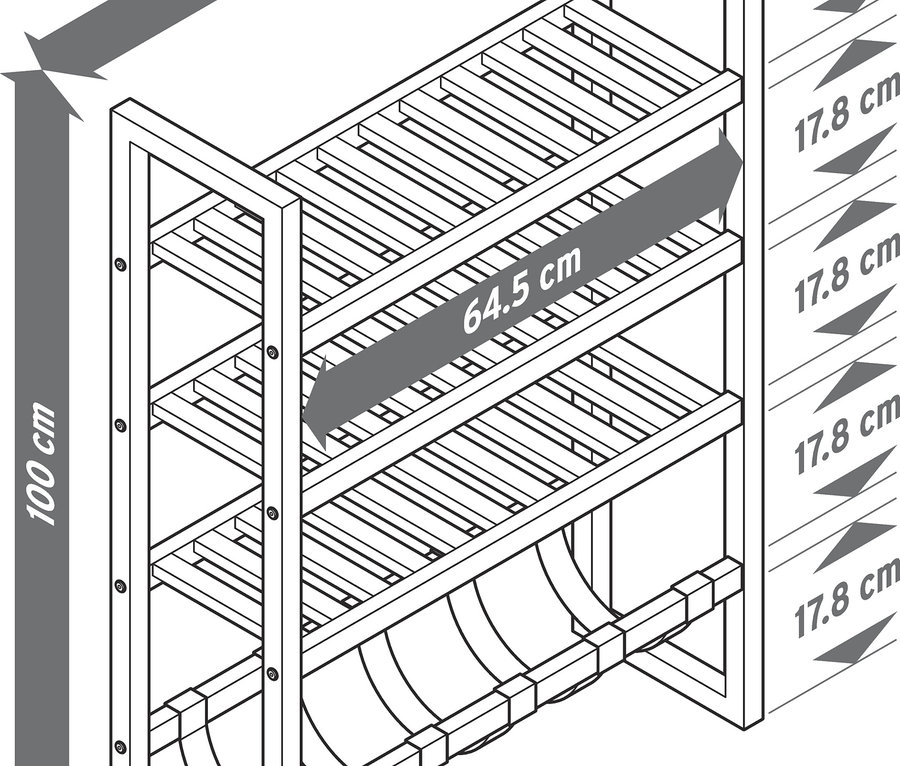 Ölçüleriyle birlikte dar ayaklı raf çizimi.