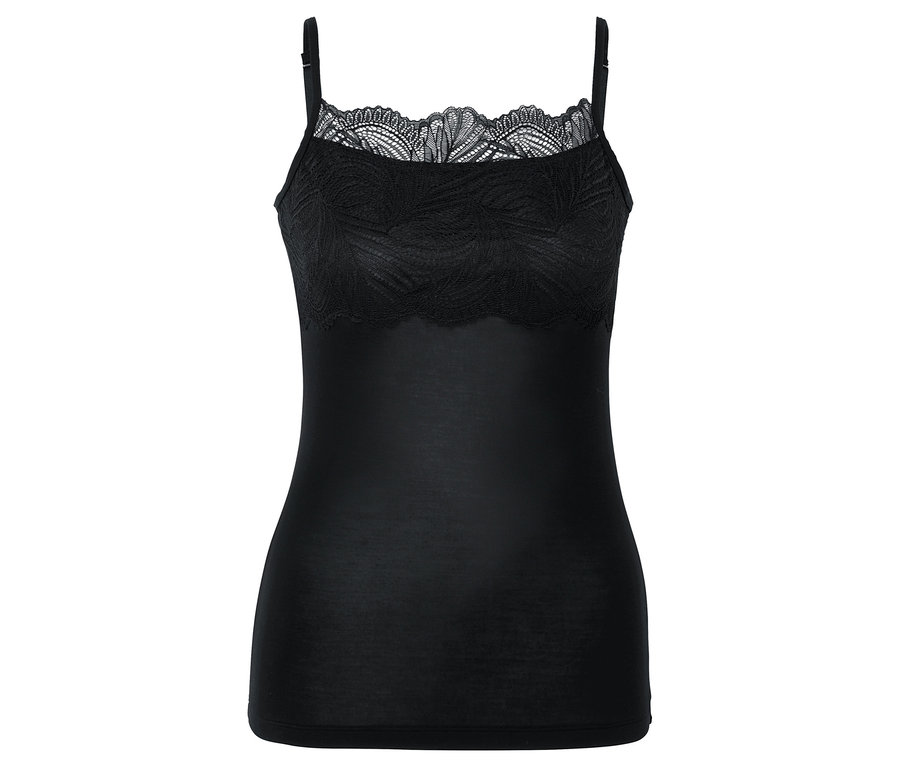Üst kısmında dantel detayı ve ince askıları olan siyah atlet.