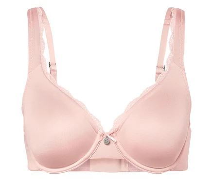 Ortasında dantel ve kurdele bulunan pembe bir sütyenin yakın çekimi.
