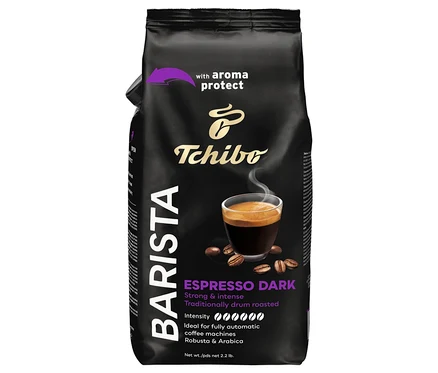 Bir fincan espresso resmi olan siyah BARISTA Espresso Dark kahve paketi.