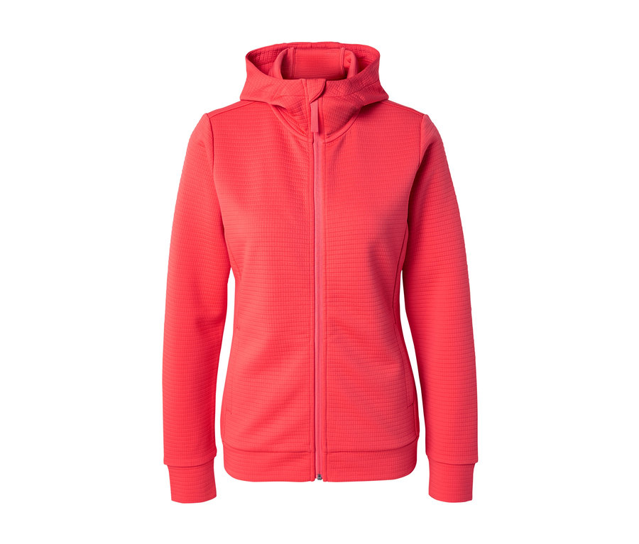 Fermuarlı, kapüşonlu, kırmızı renk ceket.