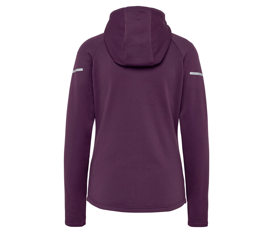 Kollarında yansıtıcı detaylar bulunan mor kapüşonlu sweatshirt'ün arka görünümü.