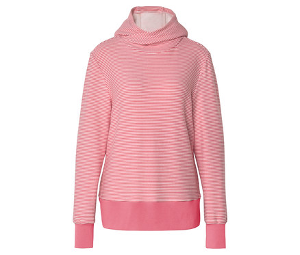 Uzun kollu ve manşetli, çizgili, pembe kapüşonlu sweatshirt.