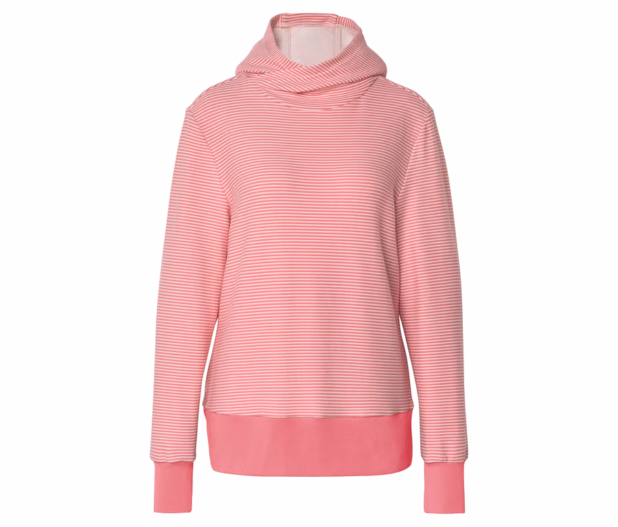 Uzun kollu ve manşetli, çizgili, pembe kapüşonlu sweatshirt.