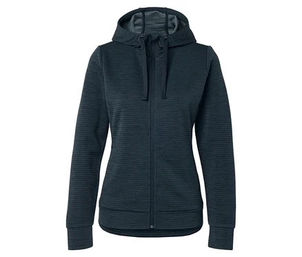 Tamamı fermuarlı, yatay nervürlü koyu lacivert kapüşonlu sweatshirt.