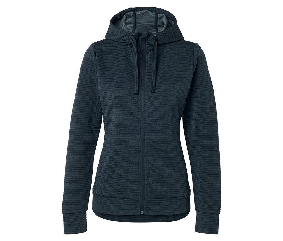 Tamamı fermuarlı, yatay nervürlü koyu lacivert kapüşonlu sweatshirt.