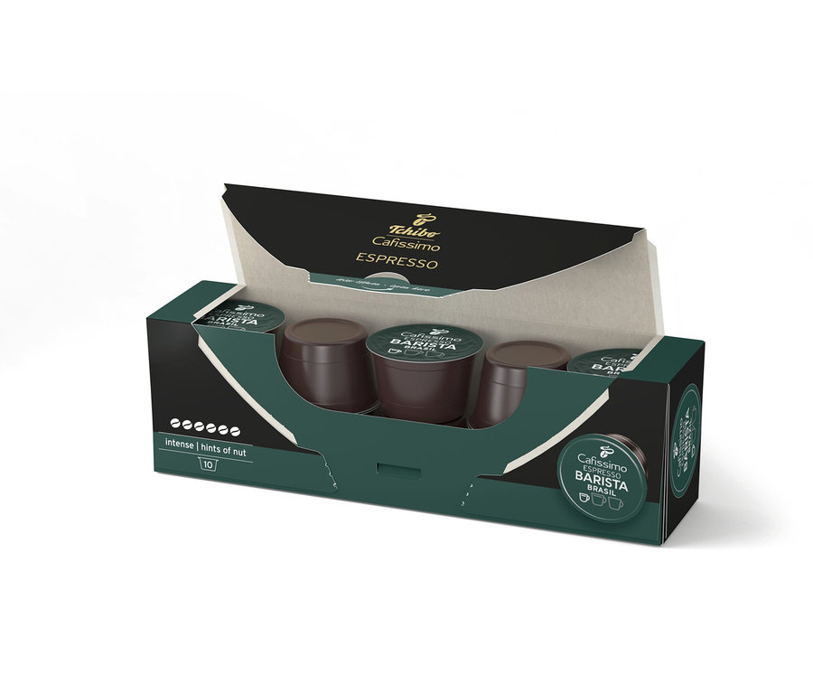 Açılmış bir Cafissimo Barista Espresso Brasil kapsül paketi görülüyor.