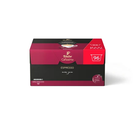 "96 Maxi Pack" yazılı bir paket Tchibo Cafissimo Espresso kapsülü.
