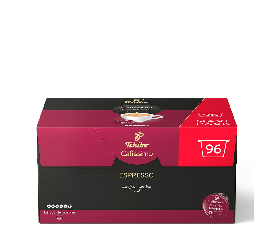 Kırmızı ve siyah Tchibo Cafissimo Espresso Intense Aroma 96 kapsüllük paket, üzerinde bir fincan espresso ve yoğunluk göstergesi var.