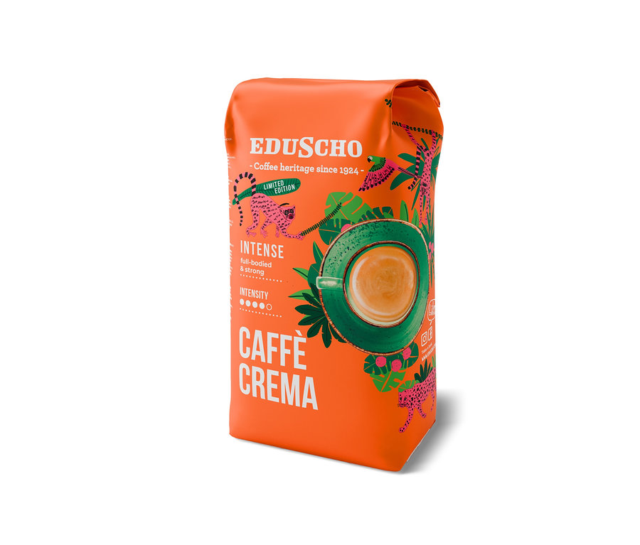 Turuncu renkli, hayvan çizimli Eduscho Caffè Crema Intense çekirdek kahve paketi.