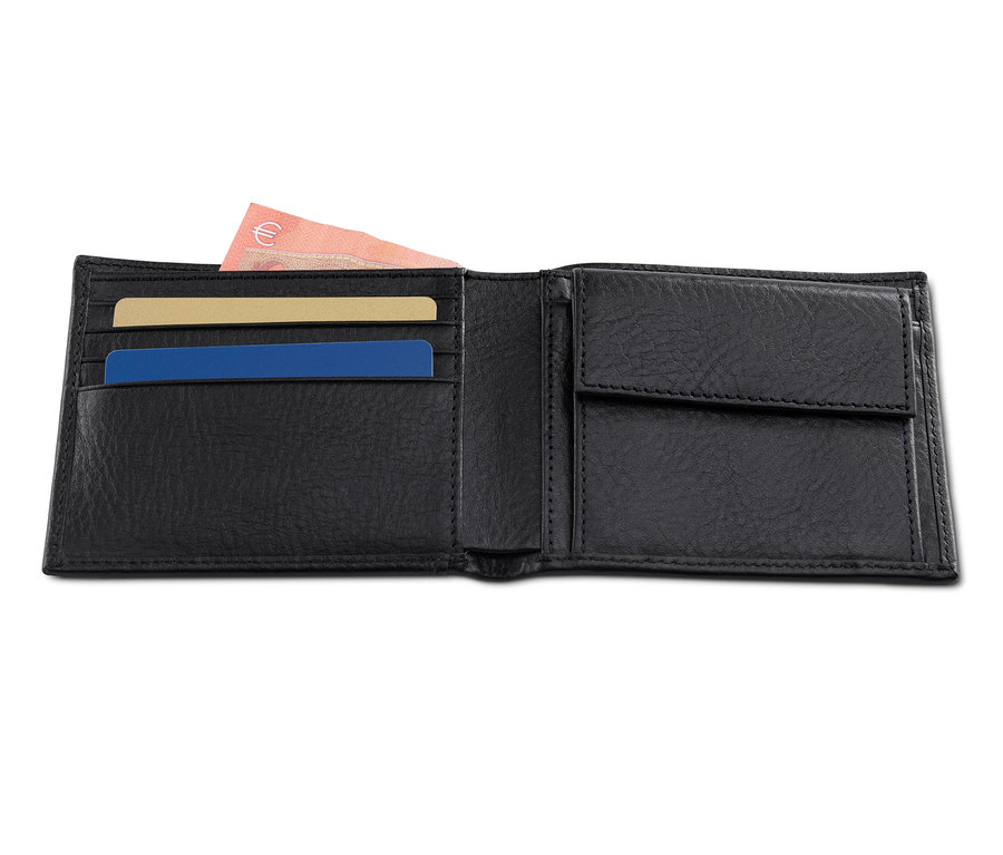 Açık, siyah deri cüzdan, içinde kartlar ve banknot var. Hediye Seti: Deri Cüzdan ve Anahtarlık.