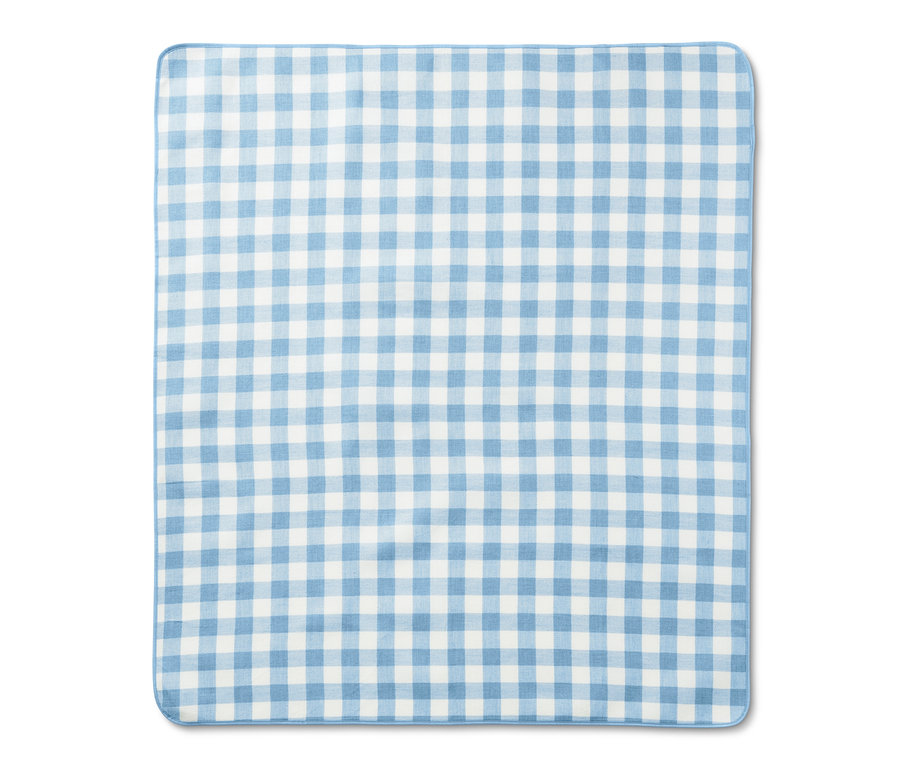 Mavi ve beyaz kareli, küçük boy piknik örtüsü.