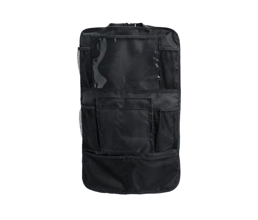 Farklı boyutlarda cepleri olan siyah arka koltuk düzenleyici.