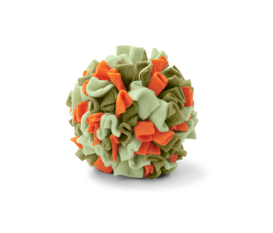 Açık yeşil, haki ve turuncu renklerdeki Hayvan Bulmaca Topu'nun yakın çekim görüntüsü.