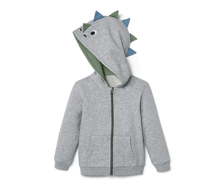 Kapüşonunda dinozor aplikesi olan gri çocuk sweat ceket.