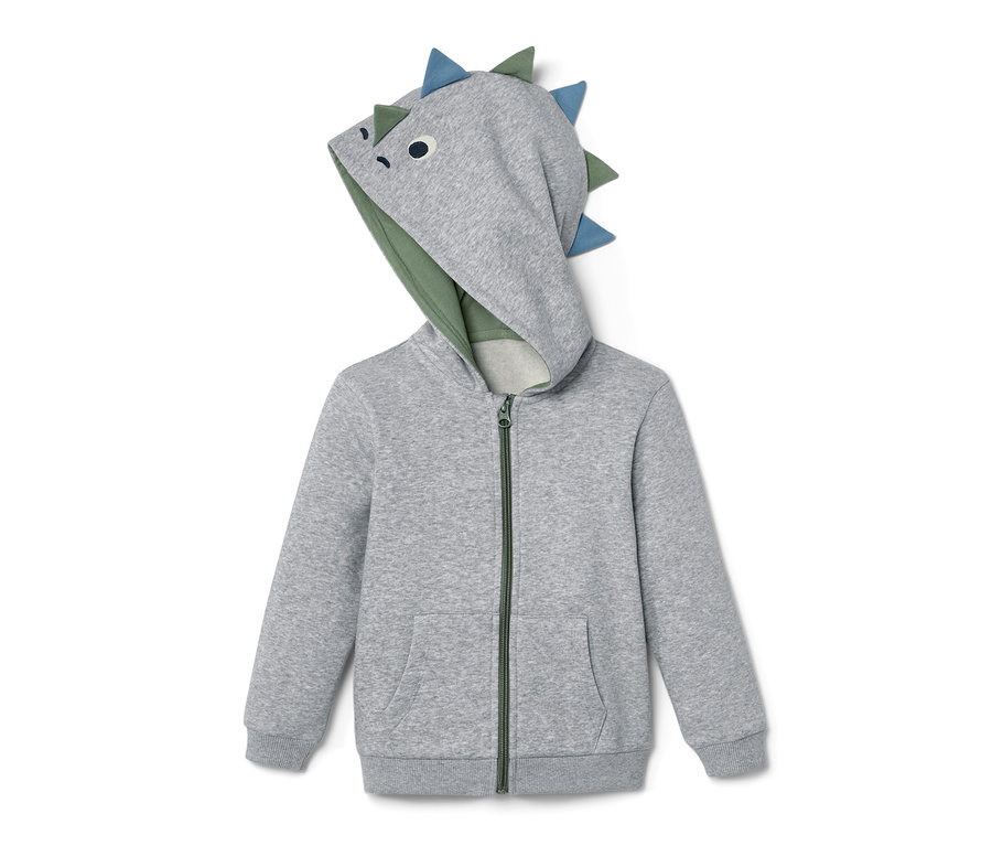 Kapüşonunda dinozor aplikesi olan gri çocuk sweat ceket.