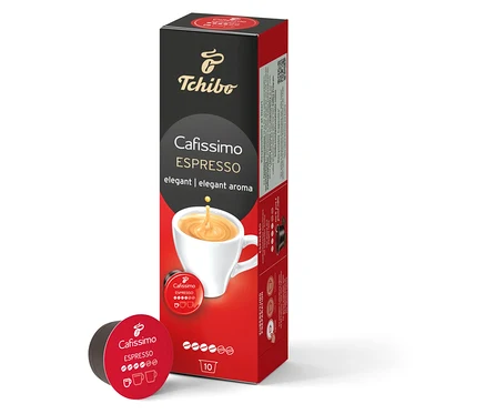 Bir paket Cafissimo Espresso Elegant Aroma 10 Kapsül, tek bir kapsülün yanında duruyor.